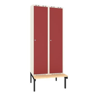 Klädskåp Sonesson, BxDxH 800x550x1900 mm, bänkstativ, 2 dörrar i 2 skåp, mörkröd/vit