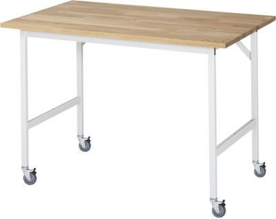 Arbetsbord på hjul Nornor, skiva i massiv bok, tjocklek 25 mm, 30 x 30 mm, BxDxH 1250 x 800 x 900 mm