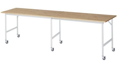 Arbetsbord på hjul Nornor, skiva i massiv bok, tjocklek 25 mm, 30 x 30 mm, BxDxH 3000 x 800 x 900 mm