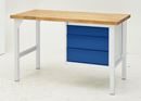 Arbetsbänk Jostein, bredd 1500 mm, 3 lådor 1 x 125 / 2 x 175 mm, ljusgrå/gentianablå