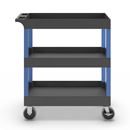 Bordsvagn Jussi, LxBxH 895 x 460 x 950 mm, 3 hyllplan, 3 tråg, svart/blå