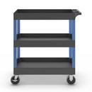 Bordsvagn Jussi, LxBxH 895 x 460 x 950 mm, 3 hyllplan, 3 tråg, svart/blå
