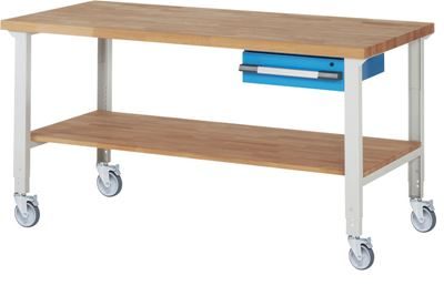 Mobil arbetsbänk Majken, 4 länkhjul, 1 låda, hyllplan, skiva BxD 2000 x 900 mm