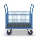 Plattformsvagn Malak, elastiska gummihjul, 4 högt galler, LxB 1000 x 650 mm