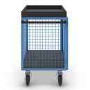 Verkstadsvagn Indra, front och långsidor av stålgaller, utan hyllplan