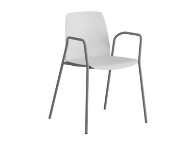 Stol Helmer, sits/ryggstöd i plast, 4-pack, sits vit, underrede silver, med armstöd