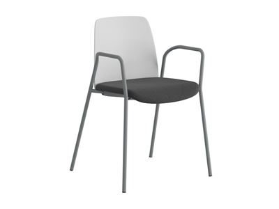 Stol Helmer, sits stoppad, ryggstöd plast, 4-pack, sits vit/svart, underrede silver, med armstöd