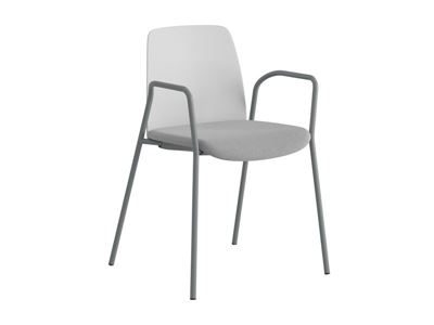 Stol Helmer, sits stoppad, ryggstöd plast, 4-pack, sits vit/ljusgrå, underrede silver, med armstöd