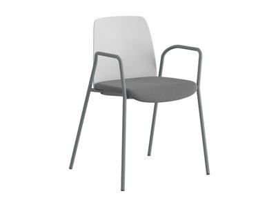 Stol Helmer, sits stoppad, ryggstöd plast, 4-pack, sits vit/mörkgrå, underrede silver, med armstöd