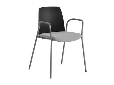 Stol Helmer, sits stoppad, ryggstöd plast, 4-pack, sits svart/ljusgrå, underrede silver, med armstöd
