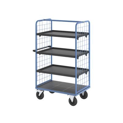 Plockvagn med gallersidor Bodil, massivgummihjul, lastyta LxB 975 x 700 mm, 4 hyllplan, med kant