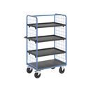 Plockvagn med gallersidor Bodil, massivgummihjul, lastyta LxB 975 x 700 mm, 4 hyllplan, med kant