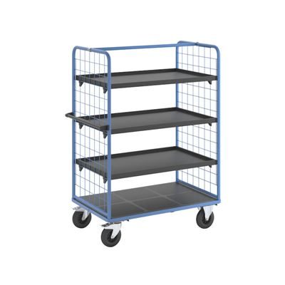 Plockvagn med gallersidor Bodil, massivgummihjul, lastyta LxB 1175 x 800 mm, 4 hyllplan, med kant