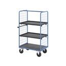 Plockvagn med gallersidor Bodil, massivgummihjul, lastyta LxB 975 x 700 mm, 3 hyllplan, med kant