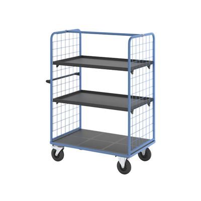 Plockvagn med gallersidor Bodil, massivgummihjul, lastyta LxB 1175 x 800 mm, 3 hyllplan, med kant