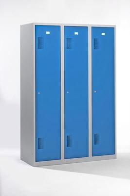 Klädskåp Amsterdam, 3 sektioner, ljusgrå/ljusblå, bredd 1200 mm, cylinderlås