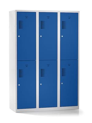 Klädskåp med två fack Amsterdam, 3 sektioner, bredd 1200 mm, 6 fack, ljusgrå/gentianablå