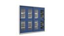 Verkstadsskåp med skjutdörrar Ellinor, höjd 1950 mm, fönsterdörrar, BxD 2000 x 600 mm, med skiljevägg och 2 x 4 hyllplan, dörr gentianablå