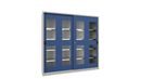 Verkstadsskåp med skjutdörrar Ellinor, höjd 1950 mm, fönsterdörrar, BxD 2000 x 400 mm, med skiljevägg och 2 x 4 hyllplan, dörr gentianablå