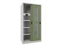 Verkstadsskåp med skjutdörrar Ellinor, höjd 1950 mm, fönsterdörrar, BxD 1000 x 600 mm, med 4 hyllplan, dörr resedagrön