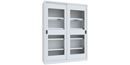 Verkstadsskåp med skjutdörrar Ellinor, höjd 1950 mm, fönsterdörrar, BxD 1500 x 500 mm, med skiljevägg och 2 x 4 hyllplan, dörr ljusgrå