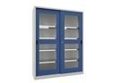 Verkstadsskåp med skjutdörrar Ellinor, höjd 1950 mm, fönsterdörrar, BxD 1500 x 500 mm, med skiljevägg och 2 x 4 hyllplan, dörr gentianablå