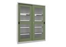 Verkstadsskåp med skjutdörrar Ellinor, höjd 1950 mm, fönsterdörrar, BxD 1500 x 500 mm, med skiljevägg och 2 x 4 hyllplan, dörr resedagrön