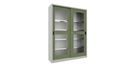 Verkstadsskåp med skjutdörrar Ellinor, höjd 1950 mm, fönsterdörrar, BxD 1500 x 400 mm, med skiljevägg och 2 x 4 hyllplan, dörr resedagrön