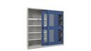 Verkstadsskåp med skjutdörrar Ellinor, höjd 1950 mm, fönsterdörrar, BxD 2000 x 500 mm, med skiljevägg och 2 x 4 hyllplan, dörr gentianablå