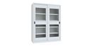 Verkstadsskåp med skjutdörrar Ellinor, höjd 1950 mm, fönsterdörrar, BxD 1500 x 600 mm, med skiljevägg och 2 x 4 hyllplan, dörr ljusgrå