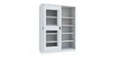 Verkstadsskåp med skjutdörrar Ellinor, höjd 1950 mm, fönsterdörrar, BxD 1500 x 600 mm, med skiljevägg och 2 x 4 hyllplan, dörr ljusgrå