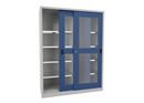 Verkstadsskåp med skjutdörrar Ellinor, höjd 1950 mm, fönsterdörrar, BxD 1500 x 600 mm, med skiljevägg och 2 x 4 hyllplan, dörr gentianablå