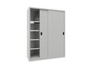 Verkstadsskåp med skjutdörrar Ellinor, höjd 1950 mm, dörrar helt i plåt, BxD 1500 x 600 mm, med skiljevägg och 2 x 4 hyllplan, dörr ljusgrå