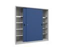 Verkstadsskåp med skjutdörrar Ellinor, höjd 1950 mm, dörrar helt i plåt, BxD 2000 x 500 mm, med skiljevägg och 2 x 4 hyllplan, dörr gentianablå