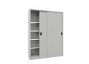 Verkstadsskåp med skjutdörrar Ellinor, höjd 1950 mm, dörrar helt i plåt, BxD 1500 x 400 mm, med skiljevägg och 2 x 4 hyllplan, dörr ljusgrå