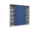 Verkstadsskåp med skjutdörrar Ellinor, höjd 1950 mm, dörrar helt i plåt, BxD 2000 x 400 mm, med skiljevägg och 2 x 4 hyllplan, dörr gentianablå