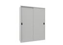Verkstadsskåp med skjutdörrar Ellinor, höjd 1950 mm, dörrar helt i plåt, BxD 1500 x 500 mm, med skiljevägg och 2 x 4 hyllplan, dörr ljusgrå