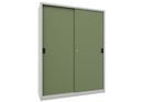 Verkstadsskåp med skjutdörrar Ellinor, höjd 1950 mm, dörrar helt i plåt, BxD 1500 x 500 mm, med skiljevägg och 2 x 4 hyllplan, dörr resedagrön