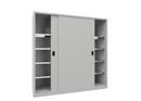 Verkstadsskåp med skjutdörrar Ellinor, höjd 1950 mm, dörrar helt i plåt, BxD 2000 x 600 mm, med skiljevägg och 2 x 4 hyllplan, dörr ljusgrå