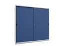 Verkstadsskåp med skjutdörrar Ellinor, höjd 1950 mm, dörrar helt i plåt, BxD 2000 x 600 mm, med skiljevägg och 2 x 4 hyllplan, dörr gentianablå