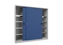 Verkstadsskåp med skjutdörrar Ellinor, höjd 1950 mm, dörrar helt i plåt, BxD 2000 x 600 mm, med skiljevägg och 2 x 4 hyllplan, dörr gentianablå