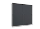 Verkstadsskåp med skjutdörrar Ellinor, höjd 1950 mm, dörrar helt i plåt, BxD 2000 x 600 mm, med skiljevägg och 2 x 4 hyllplan, dörr antracit