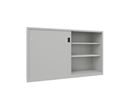 Verkstadsskåp med skjutdörrar Ellinor, höjd 1200 mm, dörrar helt i plåt, BxD 2000 x 600 mm, med skiljevägg och 2 x 2 hyllplan, dörr ljusgrå