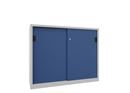 Verkstadsskåp med skjutdörrar Ellinor, höjd 1200 mm, dörrar helt i plåt, BxD 1500 x 400 mm, med skiljevägg och 2 x 2 hyllplan, dörr gentianablå