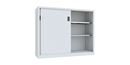 Verkstadsskåp med skjutdörrar Ellinor, höjd 1200 mm, dörrar helt i plåt, BxD 1500 x 500 mm, med skiljevägg och 2 x 2 hyllplan, dörr ljusgrå