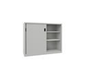 Verkstadsskåp med skjutdörrar Ellinor, höjd 1200 mm, dörrar helt i plåt, BxD 1500 x 600 mm, med skiljevägg och 2 x 2 hyllplan, dörr ljusgrå