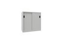 Verkstadsskåp med skjutdörrar Ellinor, höjd 1000 mm, dörrar helt i plåt, BxD 1000 x 600 mm, med 2 hyllplan, dörr ljusgrå