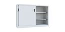 Verkstadsskåp med skjutdörrar Ellinor, höjd 1000 mm, dörrar helt i plåt, BxD 1500 x 500 mm, med skiljevägg och 2 x 2 hyllplan, dörr ljusgrå