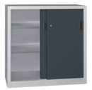 Verkstadsskåp med skjutdörrar Ellinor, höjd 1000 mm, dörrar helt i plåt, BxD 1000 x 500 mm, med 2 hyllplan, dörr antracit