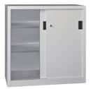 Verkstadsskåp med skjutdörrar Ellinor, höjd 1000 mm, dörrar helt i plåt, BxD 1000 x 400 mm, med 2 hyllplan, dörr ljusgrå